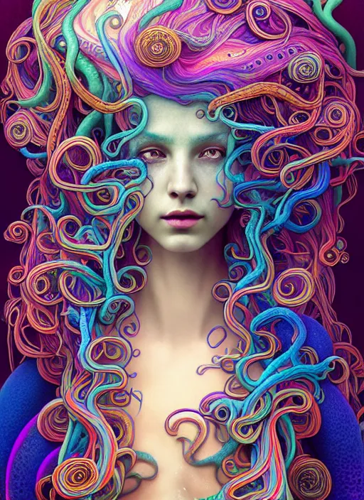 Image similar to A sea goddess with colorful tentacles hair having an colorful enlightening, magic mushrooms, psilocybin, LSD, face, detailed, intricate, elegant, highly detailed, digital painting, artstation, concept art, smooth, sharp focus, illustration, art by Krenz Cushar, Artem Demura, alphonse mucha, Octane render, unreal engine, 8K