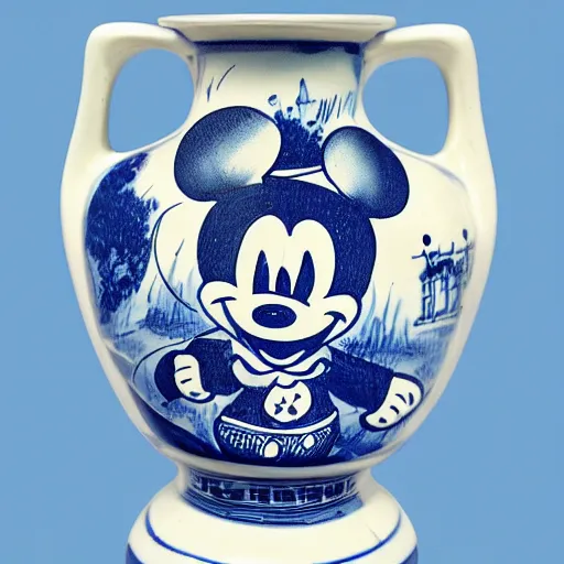 Image similar to a delft blue vase with a happy mickey mouse depicted on it ; extremely detailed