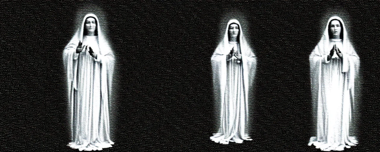 Image similar to vhs static overlay of marian apparition, vhs, 1 9 9 0, highly realistic, highly detailed, vhs noise static, black and white, vhs glitch