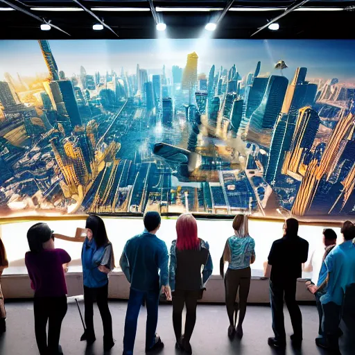 Image similar to large group people in open warehouse, looking at hologram of futuristic city on a table, cinematic still, godrays, golden hour, natural sunlight, 4 k, clear details, tabletop model buildings, tabletop model, ethereal hologram center, crane shot, crane shot, crane shot