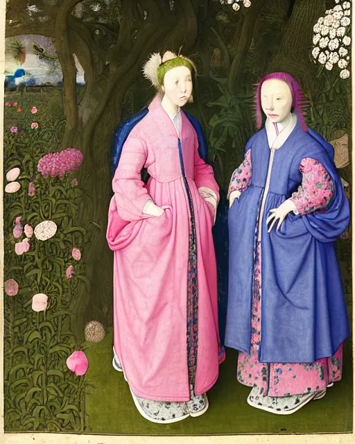 Prompt: portrait of two women with blue pink long hair wearing a blue jacket and baggy jeans, standing in a big garden full of plants and flowers, intricate details, high detail, in the style of rogier van der weyden and jacopo da pontormo, punk, asian art,