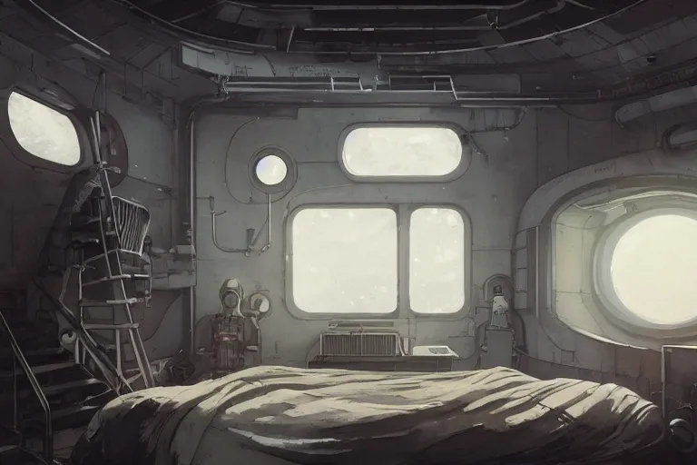 Image similar to single bedroom quarters inside 1960s rocket ship with gray metallic factory engine walls, details, sharp focus, intricate, high definition, retro, sci-fi, digital Art, 3D, Jordan Grimmer, greg rutkowski, WLOP, Studio Ghibli,