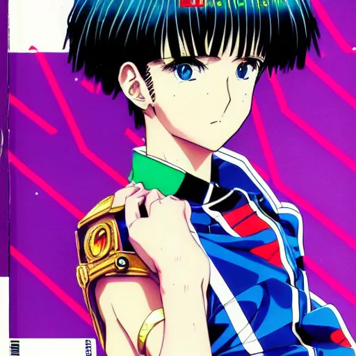 Image similar to 1993 Magazine Cover Anime key visual of a Gucci girl; official media; typography; drawn by Hirohiko Araki; Jojo's Bizarre Adventure; Jojolion, portrait, made by Stanley Artgerm Lau, WLOP, Rossdraws, James Jean, Andrei Riabovitchev, Marc Simonetti, Yoshitaka Amano, ArtStation