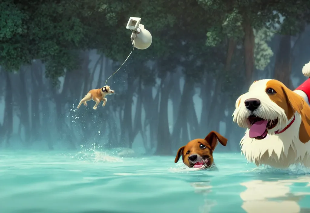 Prompt: a wholesome animation key shot of a dog swimming to get his bone toy, the point of view is in front of the dog, studio ghibli, pixar and disney animation, sharp, rendered in unreal engine 5, anime key art by greg rutkowski, bloom, dramatic lighting