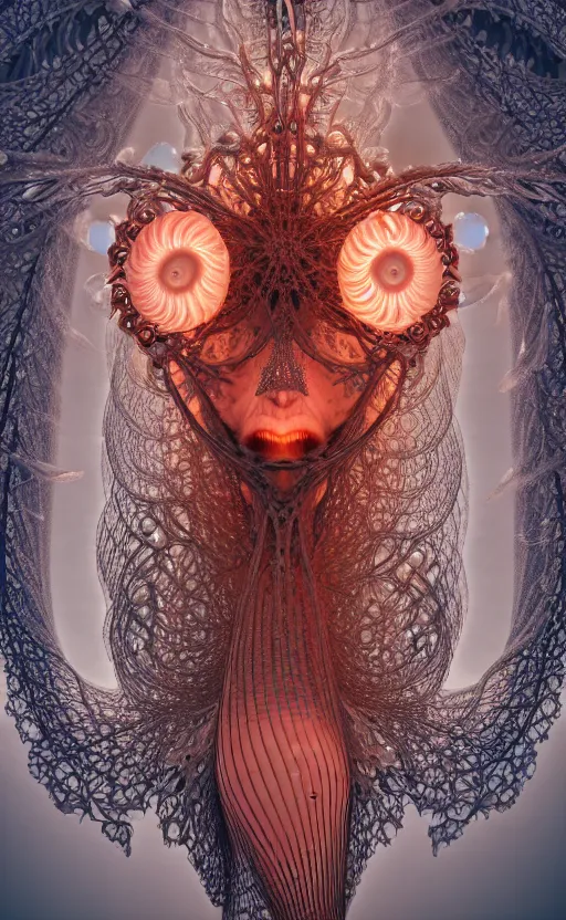 Image similar to gothic goddess intricate mask, eagle coral, jelly fish, mandelbulb 3 d, fractal flame, octane render, cyborg, biomechanical, futuristic, by ernst haeckel