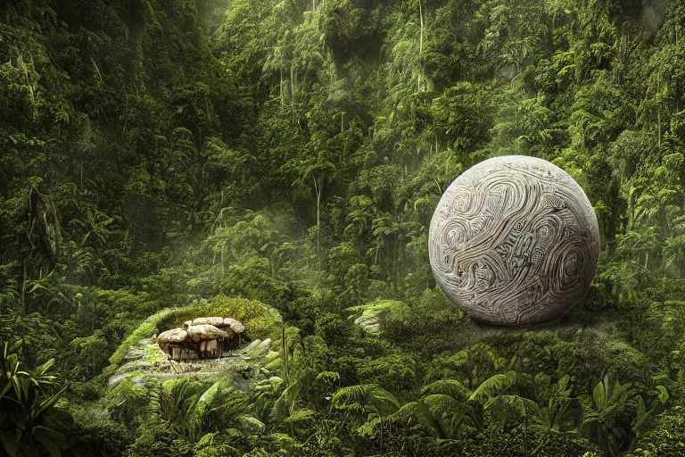 Image similar to photograph of a gigantic paleolothic sphere made of stone with highly detailed carvings of intricate shamanic robotic electronics and circuits, in a rain forest, inside a valley overlooking the amazon, by michal karcz, amazonian vista