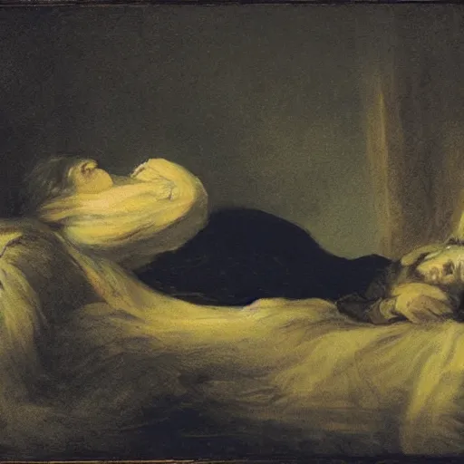 Image similar to once upon a midnight dreary, while i pondered, weak and weary, over many a quaint and curious volume of forgotten lore - - while i nodded, nearly napping, suddenly there came a tapping, painting by goya, 8 k,
