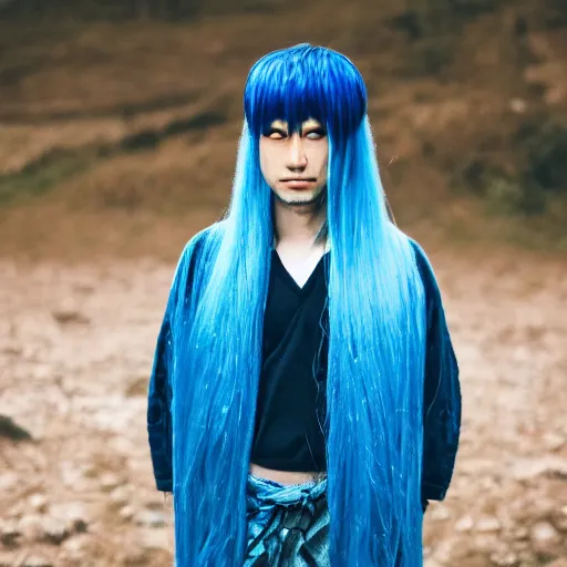 Image similar to rimuru tempest, young man blue hair ( ( ( ( ( ( ( ( ( ( eyes yellow ) ) ) ) ) ) ) ) ) ), canon eos r 3, f / 1. 4, iso 2 0 0, 1 / 1 6 0 s, 8 k, raw, unedited, symmetrical balance, in - frame