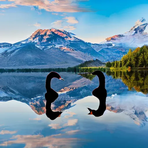 Image similar to photo of two black swans touching heads in a beautiful reflective mountain lake, a colorful hot air balloon is flying above reflecting off water, hot air balloon, intricate, 8k highly professionally detailed, centered, HDR, CGsociety