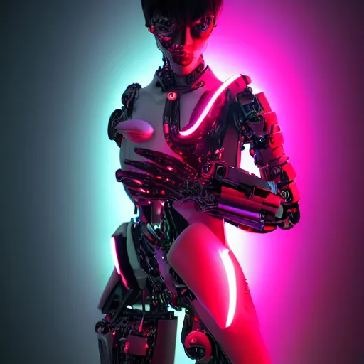 Image similar to beautiful japanese cyborg with digital led skin, neon lighting, techno neon projector background, portrait photo, octane render