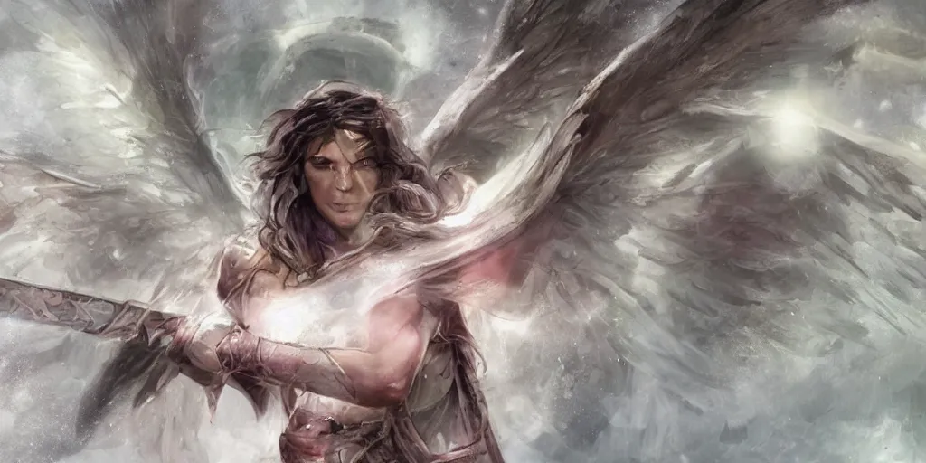 Image similar to female angel warrior. digital art, detailed by magali villeneuve