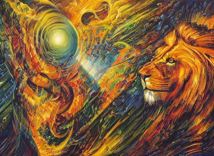 Prompt: An oil on canvas painting of the Lion's gate, energy vortex, by Dan Mumford and Umberto Boccioni,, 3d, realistic shading, complimentary colors, aesthetically pleasing composition, masterpiece, 4k, 8k, ultra realistic, super realistic