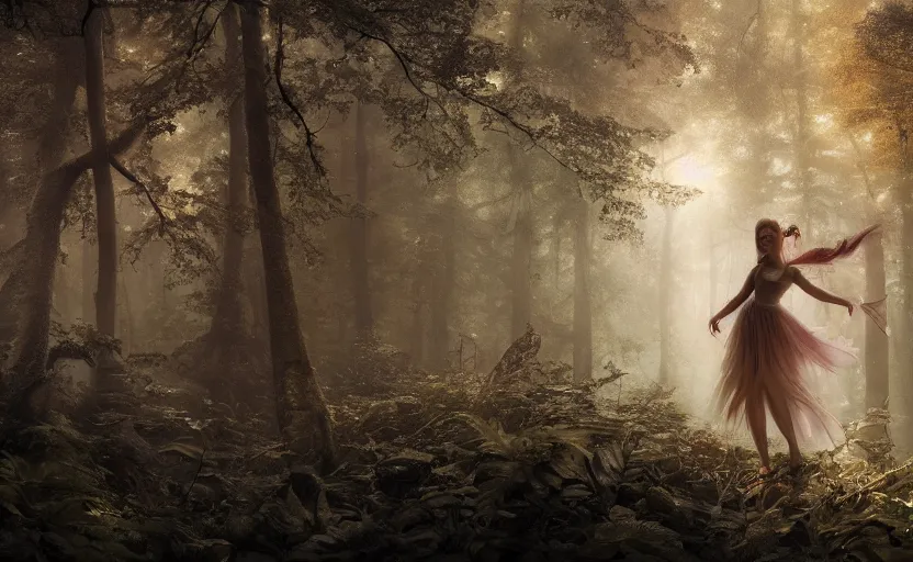 Image similar to a joyful fairy princess, in a dark forest, telephoto, cool tones, underexposed, overecast, mysterious matte painting by greg rutkowski and marc simonetti and ivan shishkin, 4 k