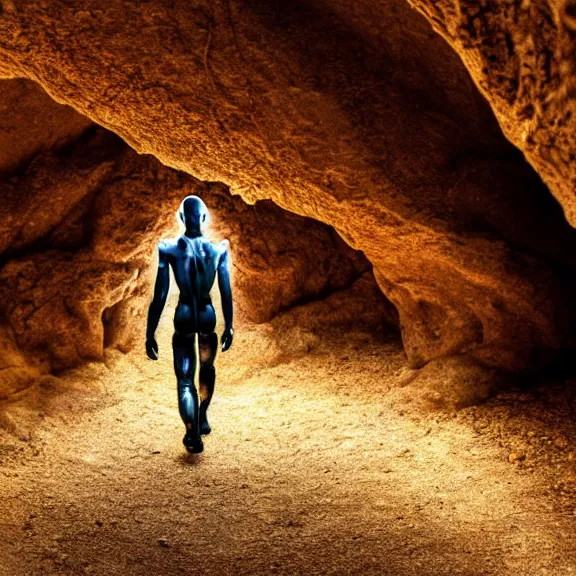 Prompt: portrait of a humanoid alien walking trough a beautiful cave