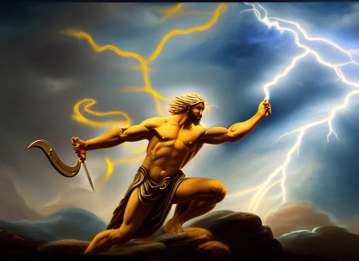 Image similar to soft painting of zeus fighting chronos with a spear of lightning at the top of mount olympus. fantasy style. highly detailed 8 k. intricate. lifelike. soft light. nikon d 8 5 0 5 5 mm. dof. cinematic post - processing.