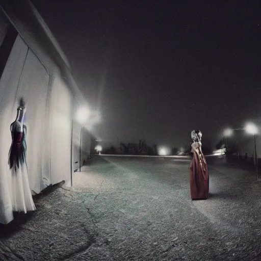 Prompt: fisheye medium format photograph of a surreal fashion shoot at night