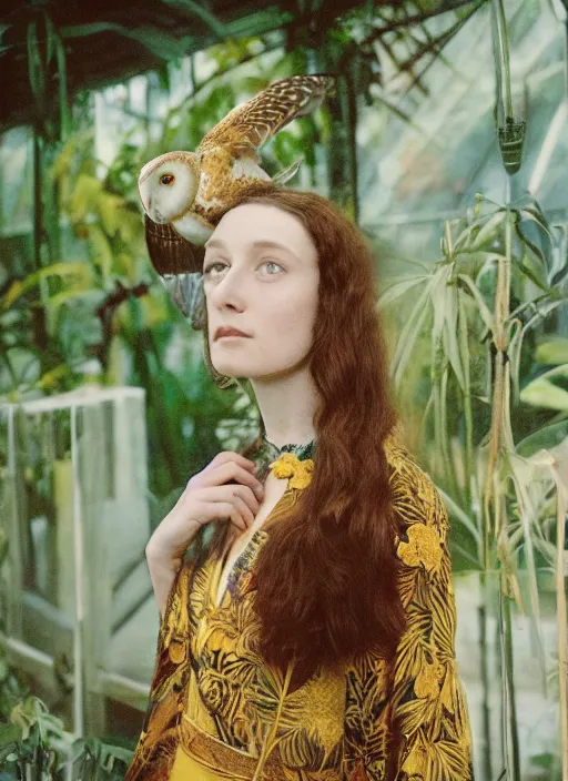 Image similar to Pre - raphaelit grainy head to shoulder portrait Polaroid film photograph of an elegant top model wearing a yellow kimono with a very detailed barn owl on her shoulder!!! in a tropical greenhouse. looking at the camera!!. super resolution. Extremely detailed. Polaroid 600 film.