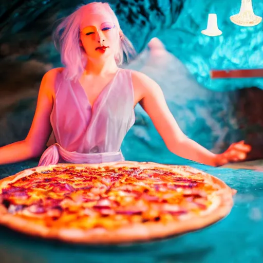 Image similar to cinematic photo of a beautiful albino koi fish woman lit with saturated split colour blue and dusty pink lighting serving pizza in a grotto restaurant