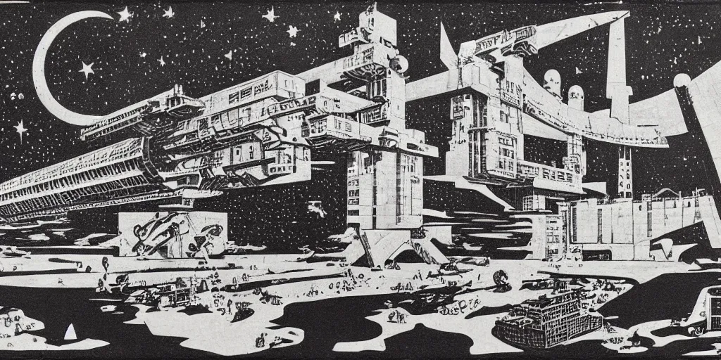 Image similar to huge brutalistic soviet space station by le corbusier, by joe penton, virgil finlay