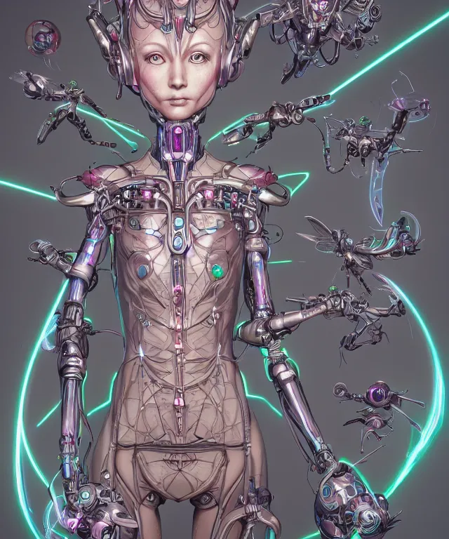 Prompt: a cybernetic pixie surrounded by power sigils, centered composition, crisp 8 k line art, digital painting, artstation, unreal engine, octane render, emissive lighting, concept art, matte, sharp focus, hyper realistic lighting, illustration, art by shintaro kago and james jean