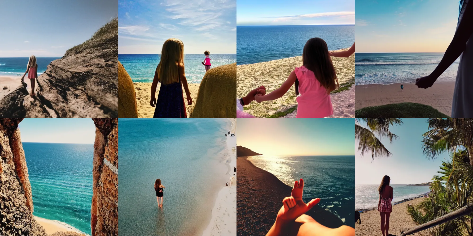 Prompt: the view from the eyes, the girl holds her hand looks into her eyes and leads to the beach