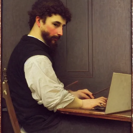 Prompt: an oil painting of an man playing a laptop, by Bouguereau, highly detailed and intricate,