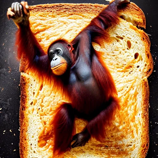 Prompt: an orangutan burnt onto a piece of toast, 4 k, hyper realistic, dslr, high resolution, landscape, beautiful