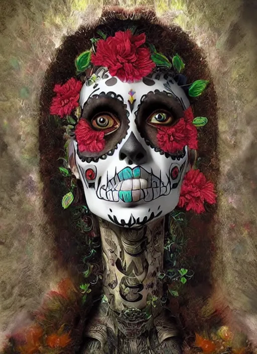 Prompt: dia de los muertos theme surrealist art in the styles of igor morski, jim warren, and loyiso mkize, intricate, hyperrealistic, accurate facial details, profile picture with chromakey!!!!! background, volumetric lighting