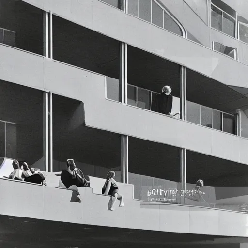 Prompt: people sitting on steps out the front of a large hive architecture building, photography from 1 9 6 0 s, photorealistic