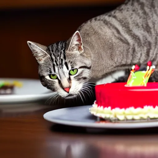 Prompt: photo of a funny cat celebrating his birthday with a cake. highly - detailed, sharp focus, award - winning