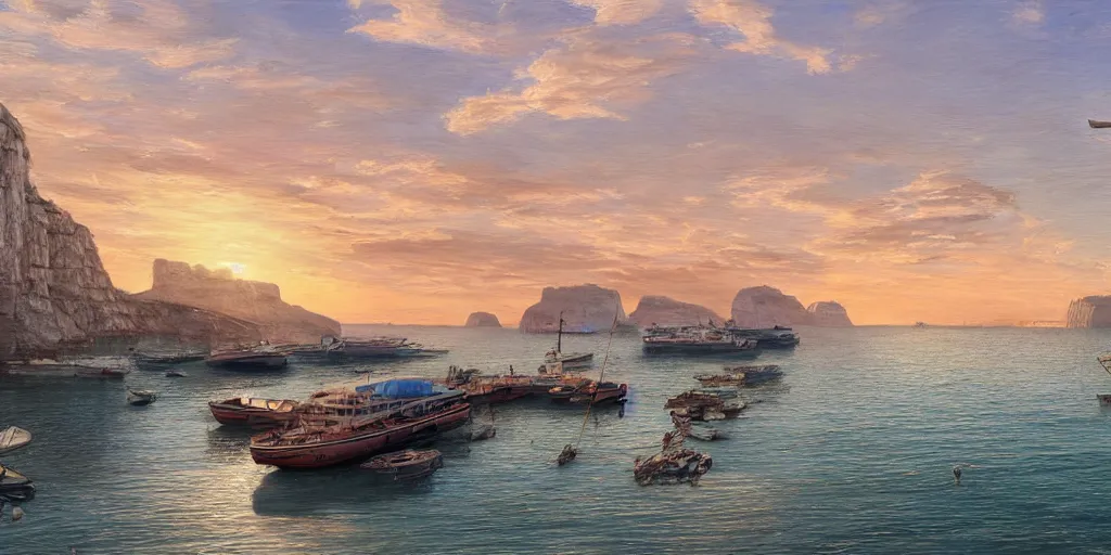 Prompt: wood dock, car on dock, big fishing boat next to the dock with waving sailors. low angle, sunrise, a mediterranean phoenician fishing village in the distance, chalk cliffs above, highly detailed, digital painting, artstation, concept art, sharp focus, illustration, art by artgerm and raphael lacoste and magali villeneuve