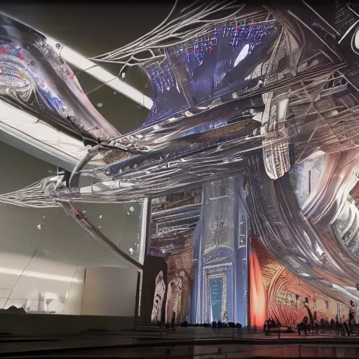 Image similar to sci-fi motherboard structure on the coronation of napoleon painting and digital billboard in the middle, unreal engine 5, keyshot, octane, artstation trending, ultra high detail, ultra realistic, cinematic, 8k, 16k, in style of zaha hadid, in style of nanospace Michael Menzelincev, in style of Lee SOUDER, colors in style of the Blade Runner 2049, in plastic, dark, tilt shift,