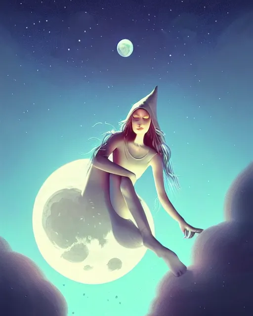 Prompt: beautiful painting of a elven sleeping on her bed with a smiling moon over her, space art, sense of awe, art by mike winkelmann, ross tran, sky night, illustration, highly detailed, simple, smooth and clean vector curves, no jagged lines, vector art, smooth, artstation