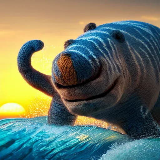 Image similar to a closeup photorealistic photograph of a cute smiling knitted tiger hippopotamus riding a wave at sunset. surf in background. professional capture. brightly lit scene. this 4 k hd image is trending on artstation, featured on behance, well - rendered, extra crisp, features intricate detail, epic composition and the style of unreal engine.