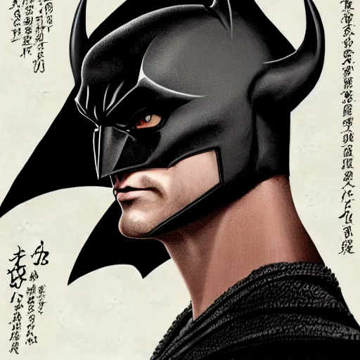 Image similar to jansen ackles as batman, 3 d close - up profile simple portrait punk with mohawk with goat skull. beautiful intricately detailed japanese crow kitsune mask and clasical japanese kimono. betta fish, jellyfish phoenix, bio luminescent, plasma, ice, water, wind, creature, artwork by tooth wu and wlop and beeple and greg rutkowski