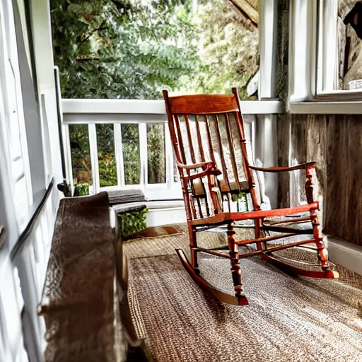 Image similar to a bible book set on top a rocking chair on a rural southern porch