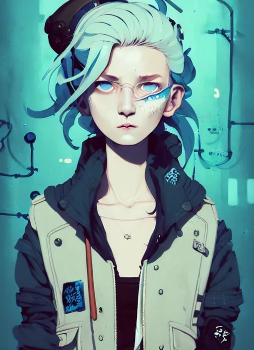 Prompt: highly detailed portrait of a sewer punk lady student, blue eyes, formal jacket, white hair by atey ghailan, by greg rutkowski, by greg tocchini, by james gilleard, by joe fenton, by kaethe butcher, gradient blue, black, brown and cyan color scheme, grunge aesthetic!!! ( ( graffiti tag wall background ) )