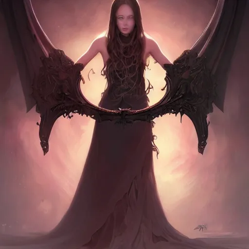 Image similar to the grim reaper as a gorgeous young girl, dark fantasy, intricate, very huge elaborate scythe, very huge black angel wings, elegant, glowave blood moon, full moon, highly detailed, digital painting, artstation, concept art, wallpaper, smooth, sharp focus, illustration, art by artgerm and greg rutkowski and alphonse mucha