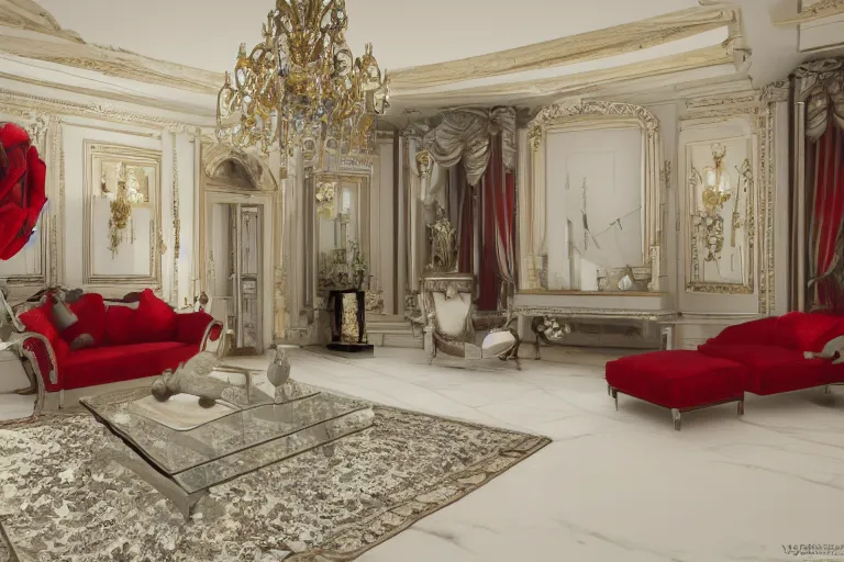 Prompt: Emulating reality, R6, 4K HD, photo realistic render, unreal engine, highly detailed refraction, accurate Isometric Viewpoint, vray: (subject = decorated living room + subject detail= red carpet, white fur, high detailed furniture, art decoration, fancy, highly detailed texture render, highly accurate light refraction, rich in texture )