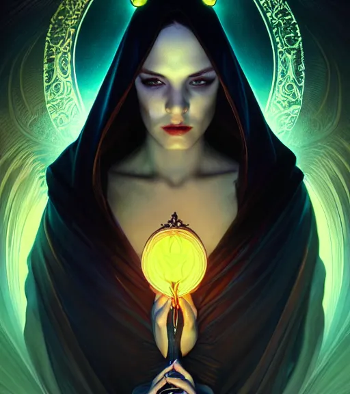 Image similar to book cover, front portrait, dark witch with black hood and evil eyes, realism, soft, smooth, luminescent, art nouveau tarot, backlit glow, colorful swirly ripples, gaudy colors, aesthetic octane render, unreal engine, 8 k, by artgerm, greg rutkowski, alphonse mucha