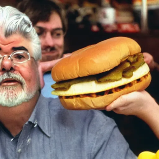 Prompt: a cheeseburger eating george lucas