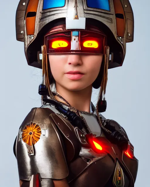 Image similar to centered medium shot fine studio photograph of a beautiful girl wearing only a mecha electronic native American indian helmet with bright lights, ultra-realistic, white background, 8k HDR sunset lit, intricate