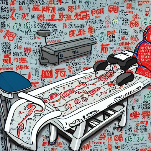 Image similar to surgery operating table, in the style of daniel johnston and outsider art, 8 k, line brush, overlaid with chinese adverts