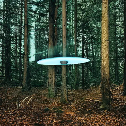 Image similar to grainy photograph of a bottle-shaped UFO flying above a forest