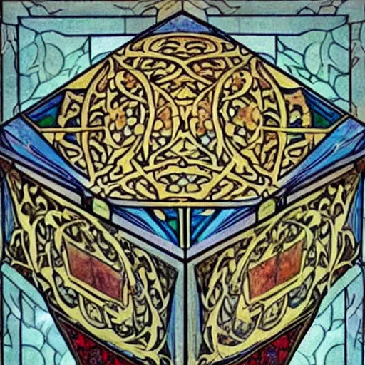 Prompt: beautiful painting of companion - cube!!!!!!!!!!!!!!!!! companion - cube!!!!!!!!!!!!!!!!!, art nouveau. by william morris, andreas rochas, mucha, gaudy colors. intricate linework. sharp edges.