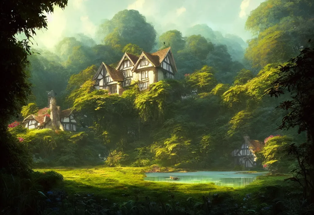 Prompt: a small tudor house on a hillside surrounded by jungle with a pond, blue sky, cinematic view, detailed architecture, concept art, high detail, well lit, volumetric, godrays, vivid, trending on artstation, by jordan grimmer, art greg rutkowski