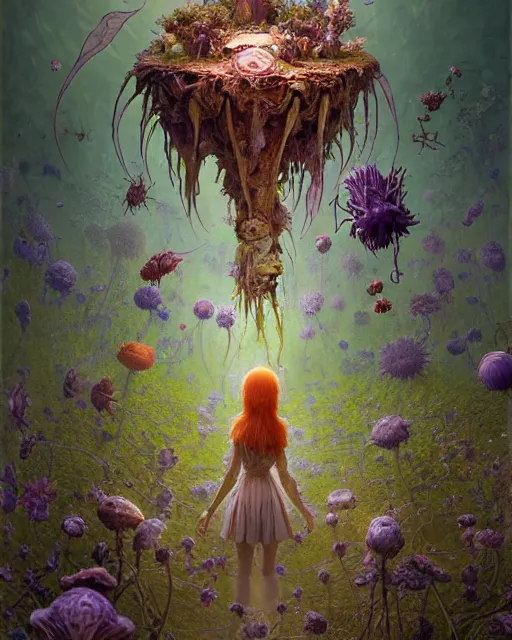 Image similar to the platonic ideal of flowers, rotting, insects and praying of cletus kasady carnage davinci dementor chtulu mandelbulb ponyo alice in wonderland dinotopia watership down, d & d, fantasy, ego death, decay, dmt, psilocybin, concept art by greg rutkowski and simon stalenhag and alphonse mucha