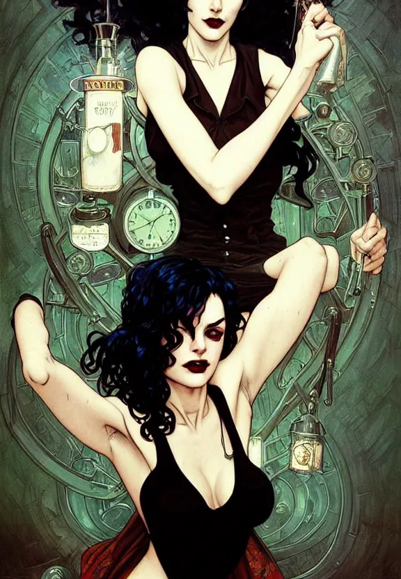 Prompt: perky character death from comic book the sandman in a small 5 0 ’ s style diner, fantasy magic, dark light night, intricate, elegant, sharp focus, illustration, highly detailed, digital painting, concept art, matte, art by wlop and artgerm and greg rutkowski and alphonse mucha, masterpiece