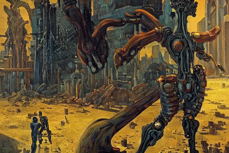 Prompt: cybernetic ghoul in a ruined city, bold colours, atmospheric, surrealist, golden hour, highly detailed, dramatic lighting, moody, by dali and moebius and picasso and corben and giorgio de chirico and el greco and munch