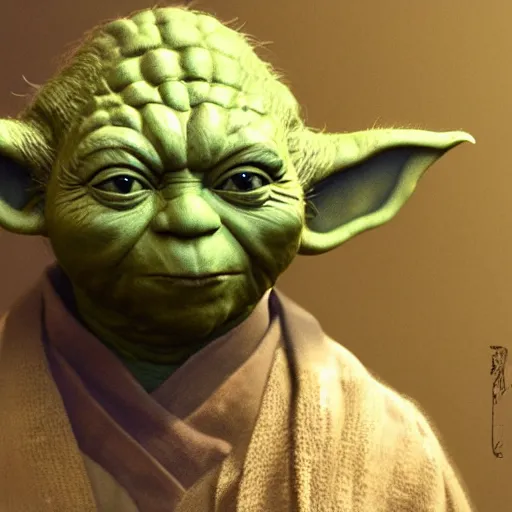 Image similar to middle-aged yoda floating, au naturel, hyper detailed, digital art, trending on artstation, cinematic lighting, studio quality, smooth render, unreal engine 5 rendered, octane rendered, art style by klimt and nixeu and ian sprigger and wlop and krenz cushart